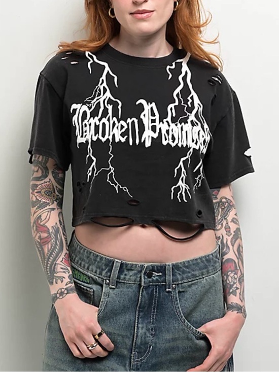 Tops - Broken Promises Lightning Black Wash Crop T-Shirt NWT